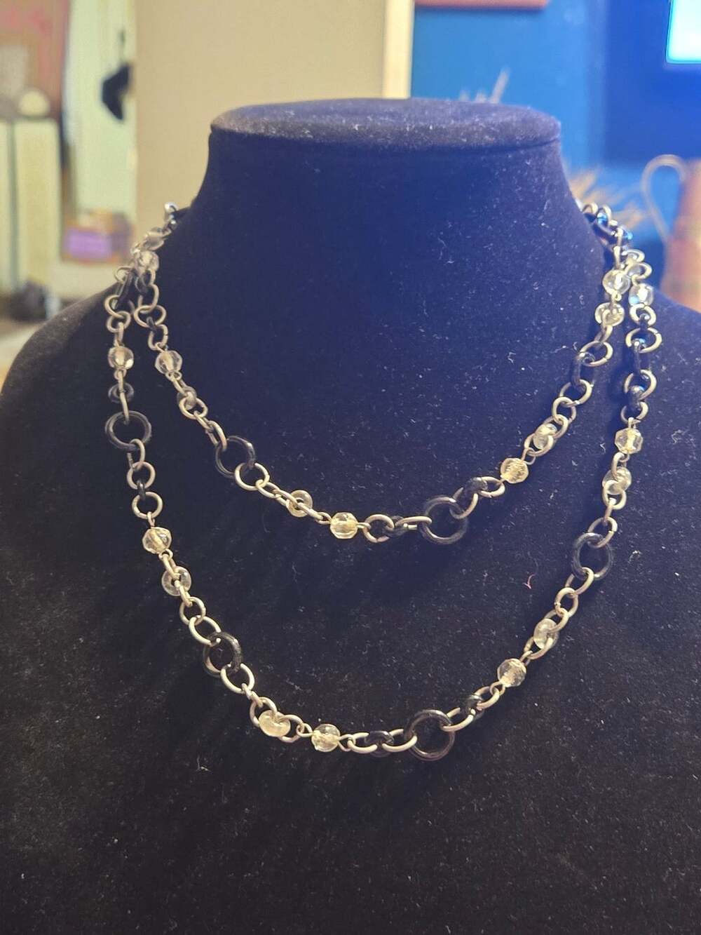NY Multi Strand Chain Necklace Silver Black Clear Beads